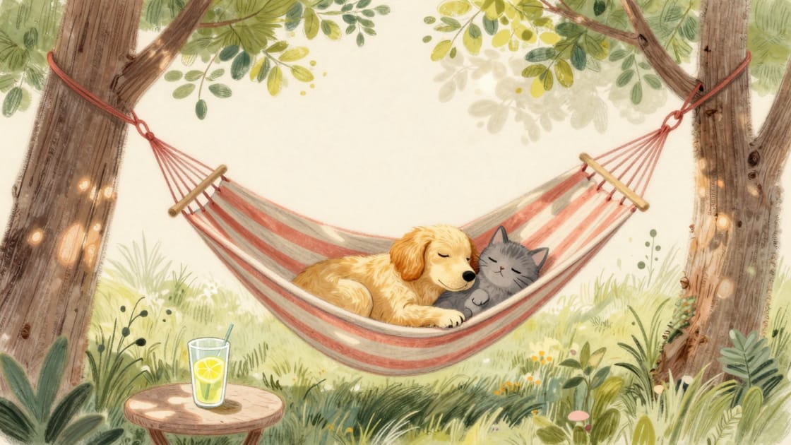 A puppy and a kitten napping together in a striped hammock under summer trees