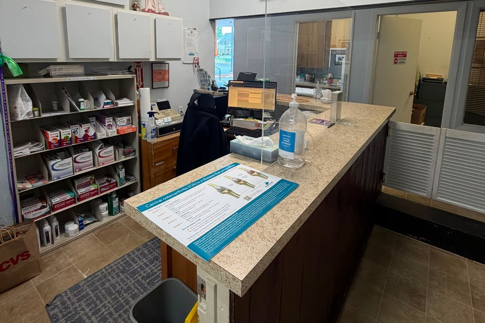 The reception and medication pickup counter at Heights Hospital for Animals