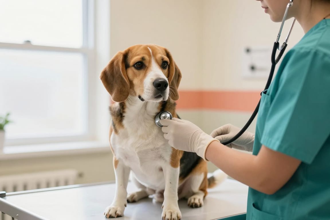 Veterinarian in teal scrubs listening to a calm beagle's heart with a stethoscope during an exam