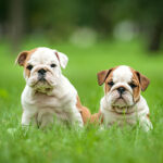 Two English Bulldog puppies sitting together on green grass